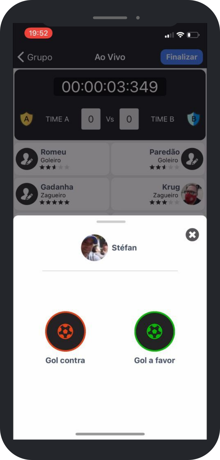 Tela do Escala Fácil para marcar gols ao vivo
