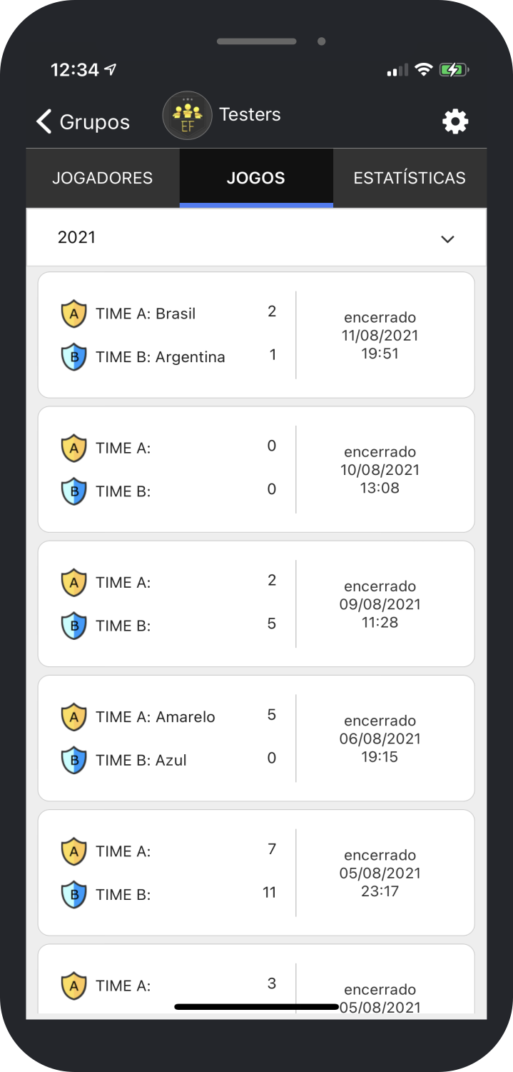 Tela do Escala Fácil com histórico de partidas