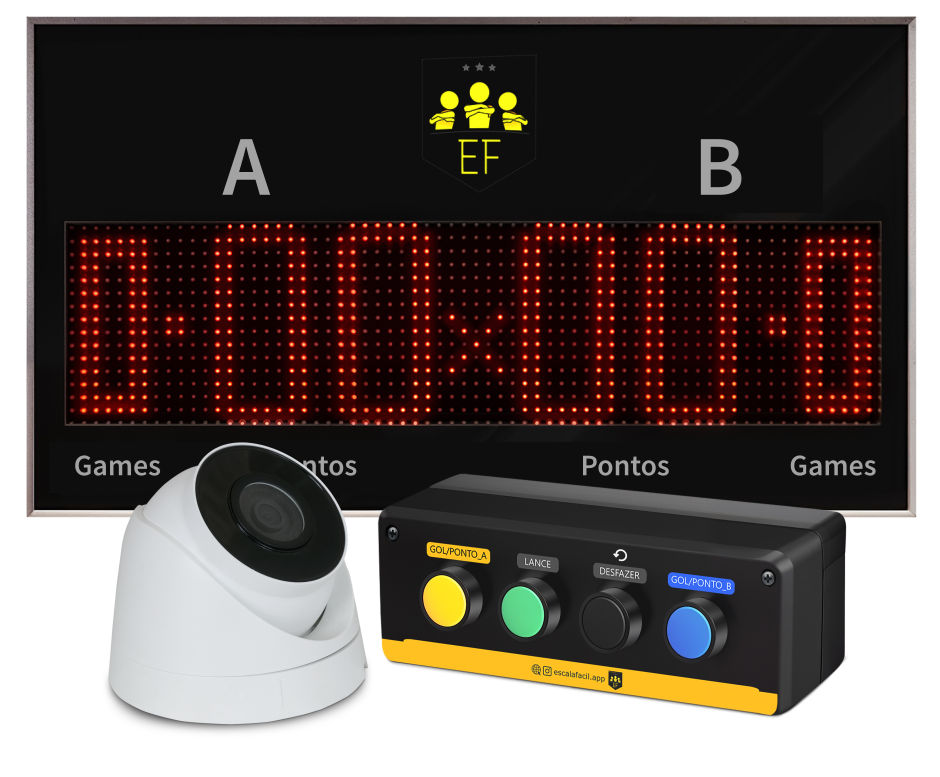 Filma Fácil Placar — câmera, botoeira e painel LED